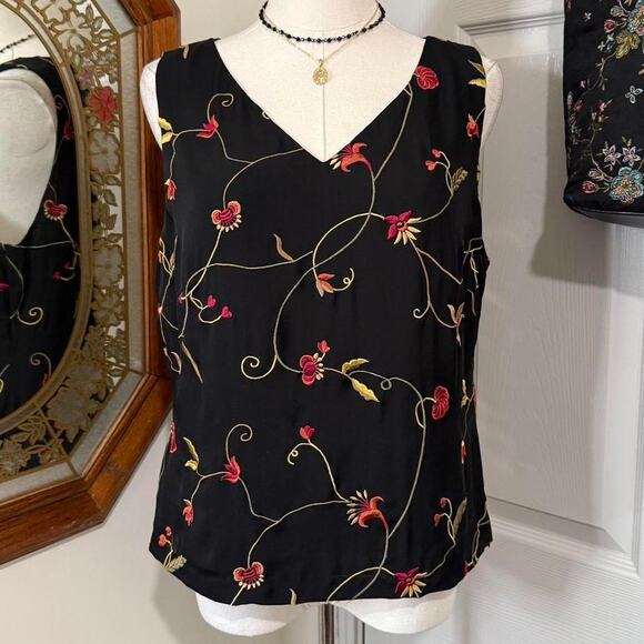 Josephine Chaus Black Silk & Multicolor Floral Embroidered V Neck Dark Fairy Top - Picture 3 of 8